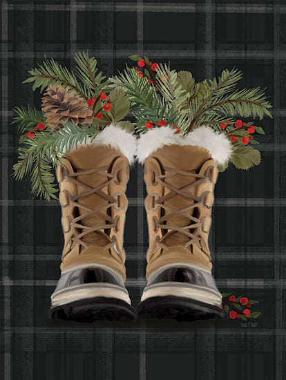 House Fenway FEN814 - FEN814 - Christmas Boots    - 12x16 Christmas, Holidays, Boots, Hiking, Winter, Still Life, Greenery, Berries, Masculine, Lodge, Plaid from Penny Lane