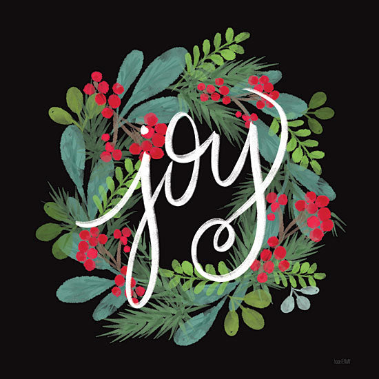 House Fenway FEN932 - FEN932 - Holiday Joy Wreath - 12x12 Christmas, Holidays, Wreath, Greenery, Ivy, Berries, Joy, Inspirational, Typography, Signs, Textual Art, Winter, Black Background from Penny Lane
