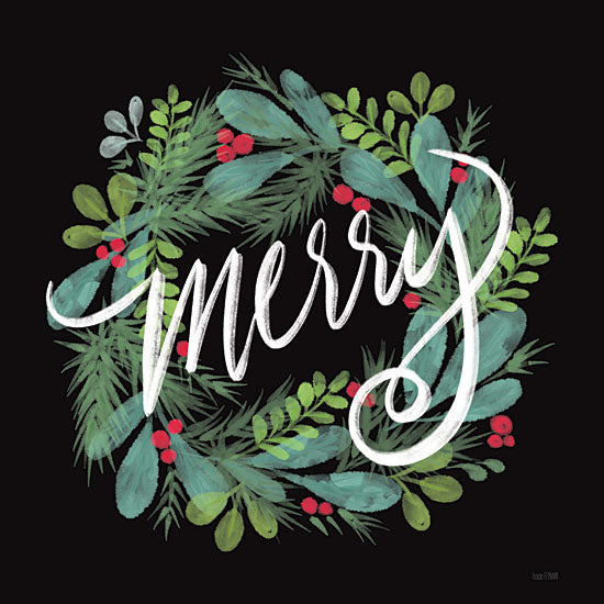 House Fenway FEN933 - FEN933 - Holiday Merry Wreath - 12x12 Christmas, Holidays, Wreath, Greenery, Ivy, Berries, Merry, Inspirational, Typography, Signs, Textual Art, Winter, Black Background from Penny Lane