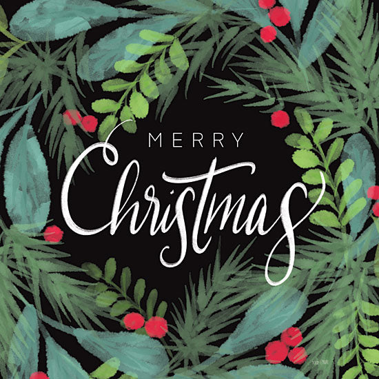 House Fenway FEN934 - FEN934 - Merry Christmas Greenery - 12x12 Christmas, Holidays, Greenery, Ivy, Berries, Merry Christmas, Typography, Signs, Textual Art, Winter, Black Background from Penny Lane