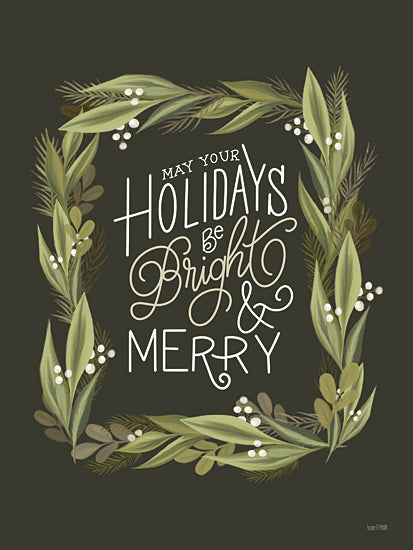 House Fenway FEN993 - FEN993 - Bright & Merry - 12x16 Christmas, Holiday, May Your Holidays be Bright & Merry, Typography, Signs, Textual Art, Wreath, Greenery, Berries, Black Background, Winter from Penny Lane