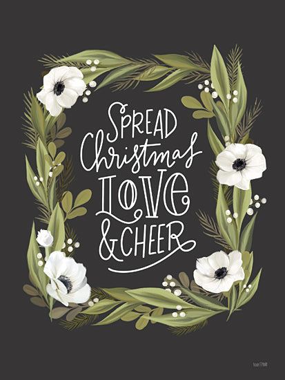 House Fenway FEN994 - FEN994 - Spread Christmas Cheer - 12x16 Christmas, Holiday, Spread Christmas Love & Cheer, Typography, Signs, Textual Art, Wreath, Flowers, White Flowers, Greenery, Berries, Black Background from Penny Lane