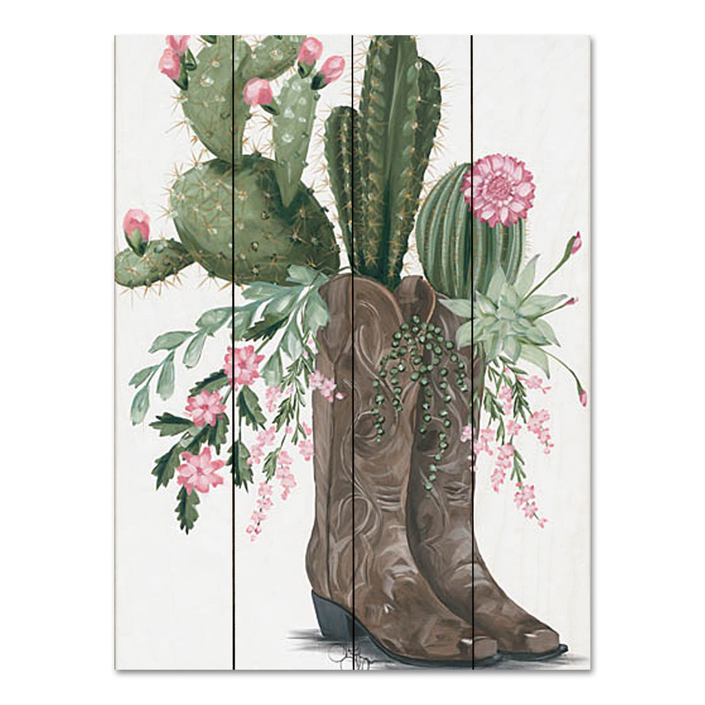 Hollihocks Art HH201PAL - HH201PAL - Cactus Boots    - 12x16 Cowboy Boots, Cactus, Flowers, Pink Flowers, Western, Still Life from Penny Lane