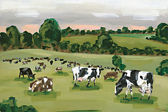 Hollihocks Art HH213 - HH213 - Abstract Field of Cows    - 18x12 Abstract, Cows, Grazing Cow, Landscape, Farm, Trees from Penny Lane