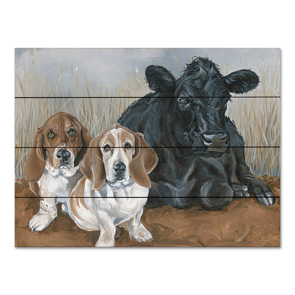 Hollihocks Art HH220PAL - HH220PAL - Angus and the Hounds - 16x12 Angus Cow, Cow, Black Cow, Dogs, Hound Dogs, Portrait, Animals, Farm Animals from Penny Lane
