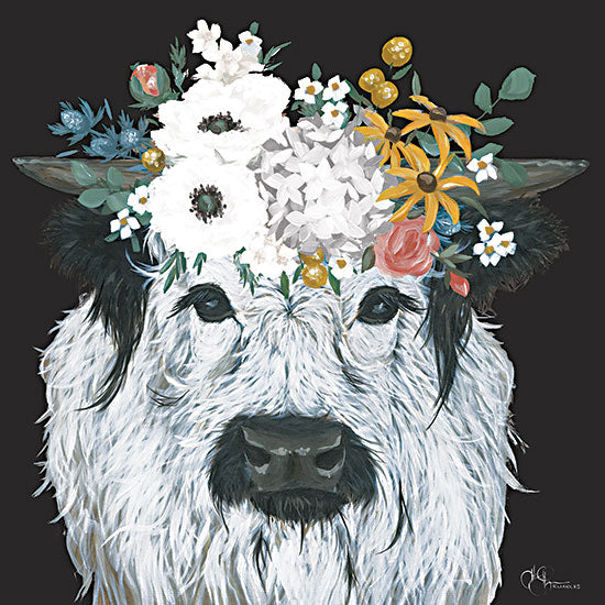 Hollihocks Art HH244 - HH244 - Mrs. Calloway on Black - 12x12 Whimsical, Cow, Flowers, Floral Crown, Spring Flowers, black Background from Penny Lane
