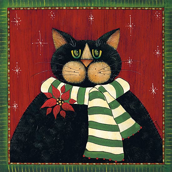 Lisa Hilliker HILL673 - Green Striped Scarf Cat - Cat, Poinsettia, Scarf, Holiday from Penny Lane Publishing