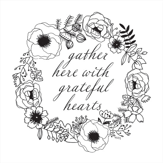 Heidi Kuntz HK103 - HK103 - Gather Here With Grateful Hearts - 12x12 Gather Here With Grateful Hearts, Wreath, Flowers, Black & White from Penny Lane