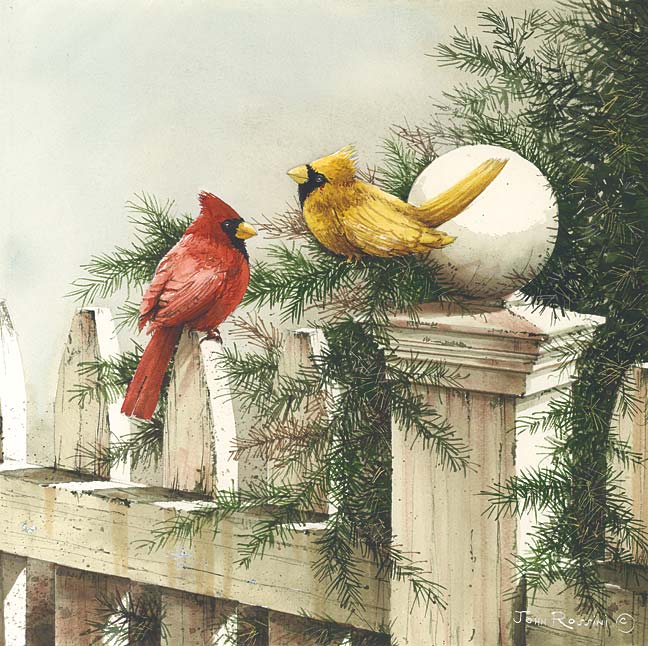 John Rossini JR142 - JR142 - The Fence Sitters - 12x12 Birds, Cardinals, Red Cardinal, Yellow Cardinal, Fence, Pine Tree, Winter from Penny Lane