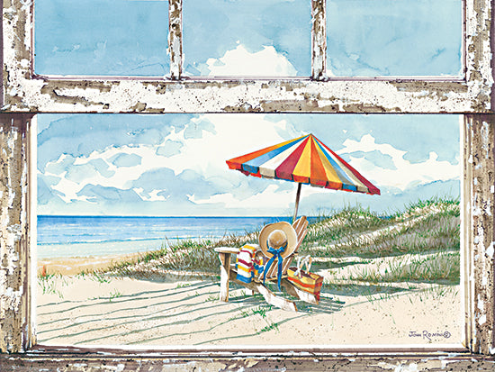 John Rossini JR381 - JR381 - Weathered View - 16x12 Coastal, Window, Umbrellas, Leisure, Relaxing, Adirondack Chair, Hat, Beach, Sand, Ocean, Landscape from Penny Lane