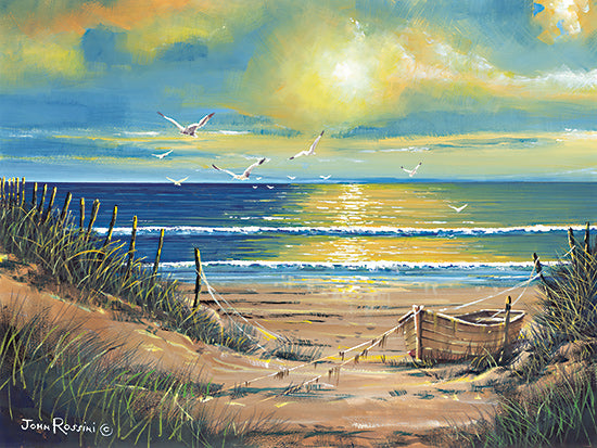 John Rossini JR384 - JR384 - Tranquil Sunset - 16x12 Coastal, Sunset, Rowboat, Seagulls, Coast, Beach, Sand, Ocean, Waves, Landscape, Birds from Penny Lane