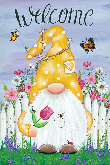 Lisa Kennedy KEN1167 - KEN1167 - Spring Garden Gnome - 12x18 Spring Garden Gnome, Gnome, Garden, Flowers, Butterflies, Fence, Old Man, Retro from Penny Lane