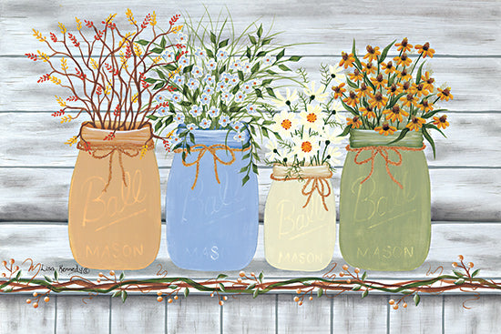 Lisa Kennedy KEN1202 - KEN1202 - Country Flowers - 18x12 Country Flowers, Flowers, Jar, Ball Jars, Still Life, Country, Shelf, Wildflowers, Painted Jars from Penny Lane