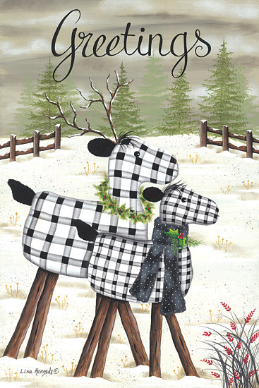 Lisa Kennedy KEN1203 - KEN1203 - Deer Greetings - 12x18 Greetings, Deer, Whimsical, Winter, Black & White Plaid, Trees, Forest, Snow, Landscape, Signs from Penny Lane