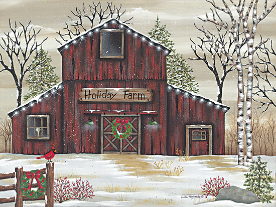 Lisa Kennedy KEN1247 - KEN1247 - Holiday Farm Barn - 16x12 Christmas, Holidays, Barn, Red Barn, Farm, Holiday Farm, Signs, Winter, Snow, Birch Trees, Trees, Christmas Lights, Cardinal, Farmhouse/Country from Penny Lane