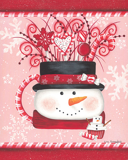 Lisa Kennedy KEN1250 - KEN1250 - Snowman Mug Bouquet   - 12x16 Kitchen, Snowman, Mug, Candy Canes, Cup Cake, Suckers, Red & White, Snowflakes, Winter from Penny Lane