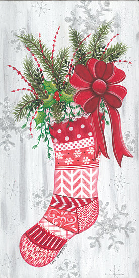 Lisa Kennedy KEN1252 - KEN1252 - Christmas Stocking  - 9x18 Christmas, Holidays, Christmas Stocking, Bow, Pine Sprigs, Ivy, Berries, Red & White, Snowflakes, Winter from Penny Lane
