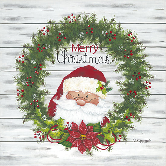 Lisa Kennedy KEN1254 - KEN1254 - Christmas Santa Wreath    - 12x12 Christmas, Holidays, Wreath, Greenery, Santa Claus, Merry Christmas, Typography, Signs, Textual Art, Poinsettia, Christmas Flower, Holly, Ivy, Berries, Wood Background from Penny Lane