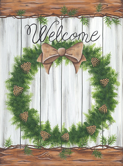 Lisa Kennedy KEN1255 - KEN1255 - Pine Cone Welcome Wreath    - 12x16 Christmas, Holidays, Wreath, Greenery, Pine Cones Welcome, Typography, Signs, Textual Art, Bow, Pine Sprigs, Nature, Wood Background from Penny Lane