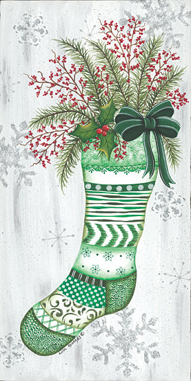 Lisa Kennedy KEN1257 - KEN1257 - Green Christmas Stocking    - 9x18 Christmas, Holidays, Christmas Stocking, Pine Sprigs, Berries, Holly, Ivy, Bow, Snowflakes, Winter, Green from Penny Lane