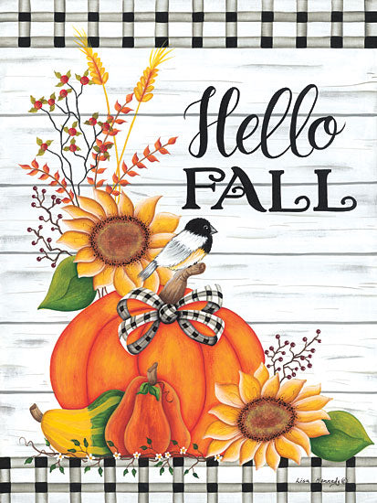 Lisa Kennedy KEN1269 - KEN1269 - Hello Fall - 12x16 Fall, Still Life, Hello Fall, Typography, Signs, Textual Art, Pumpkins, Gourds, Flowers, Sunflowers, Chickadee, Black & White Plaid, Wood Background from Penny Lane