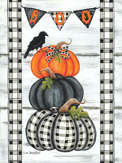 Lisa Kennedy KEN1271 - KEN1271 - Boo - 12x16 Halloween, Still Life, Stacked Pumpkins, Crow, Sign, Boo, Typography, Black & White Plaid, Wood Background, Fall from Penny Lane