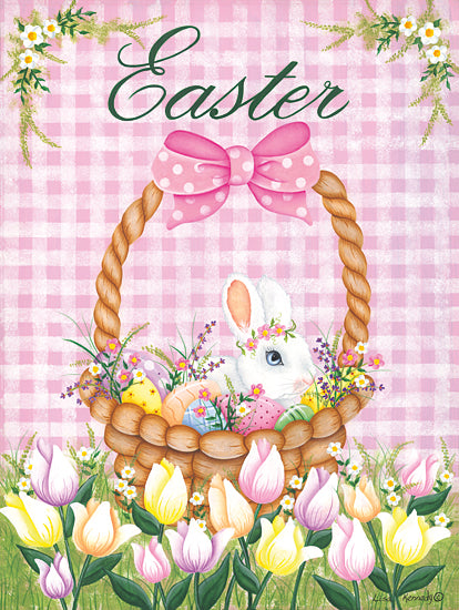 Lisa Kennedy KEN1280 - KEN1280 - Easter Basket - 12x16 Easter, Easter Basket, Rabbit, Easter Bunny, Typography, Signs, Textual Art, Easter Eggs, Flowers, Spring, Spring Flowers, Tulips, Pink and White Plaid from Penny Lane