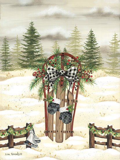 Lisa Kennedy KEN1290 - KEN1290 - Winter Sled & Mittens - 12x16 Winter, Sled, Skates, Greenery, Ribbon, Mittens, Trees, Landscape, Fence, Winter, Snow, Fence, Tree Farm from Penny Lane