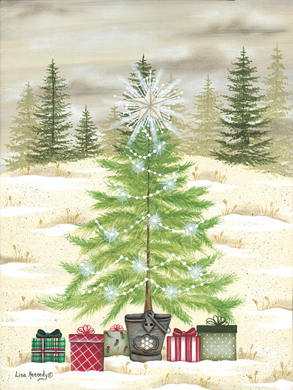 Lisa Kennedy KEN1291 - KEN1291 - Christmas Tree & Gifts - 12x16 Christmas, Holidays, Christmas Tree, Tree Farm, Landscape, Presents, Christmas Lights, Star, Winter, Snow from Penny Lane