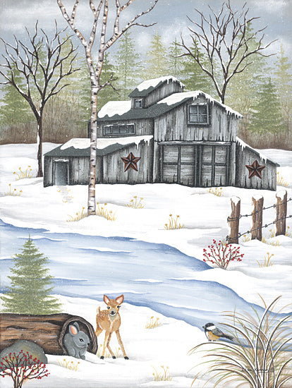 Lisa Kennedy KEN1294 - KEN1294 - Grey Barn - 12x16 Winter, Barn, Gray Barn, Farm, Snow, Barn Star, Creek, Deer, Rabbit, Trees, Landscape from Penny Lane