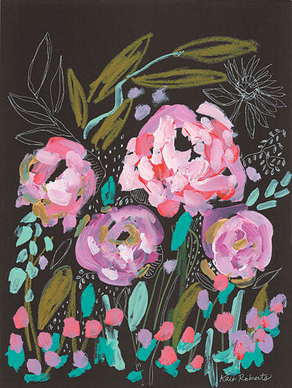 Kait Roberts KR793 - KR793 - Faerie Garden - 12x16 Abstract, Flowers, Pink Flowers, Sketch, Black Background, Contemporary from Penny Lane