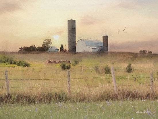 Lori Deiter LD1843 - LD1843 - Sunset at the Dexter Farm      - 16x12 Silo, Barn, Landscape, Hay Bales, Fence,  from Penny Lane