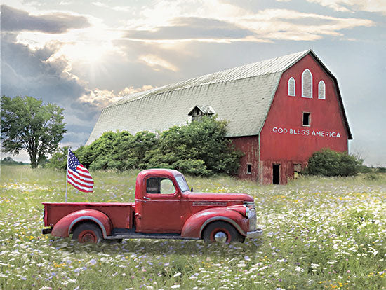 Lori Deiter LD2445 - LD2445 - God Bless America    - 16x12 God Bless America, Truck Barn, Farm, Flag, Americana, Field, Meadow, Red Truck, Photography from Penny Lane