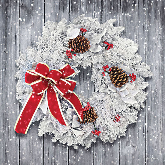 Lori Deiter LD2615 - LD2615 - Christmas Wreath - 12x12 Wreath, Evergreen Wreath, Red Ribbon, White Wreath, Pinecones, Berries, Wood Background, Christmas, Holidays from Penny Lane