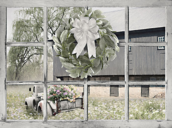 Lori Deiter LD3129 - LD3129 - Overflowing Flowers - 16x12 Photography, Farm, Barn, Truck, Gray Truck, Flowers, Spring Flowers, Wildflowers, Floral Truck, Spring, Window, Wreath, Eucalyptus, Bow from Penny Lane