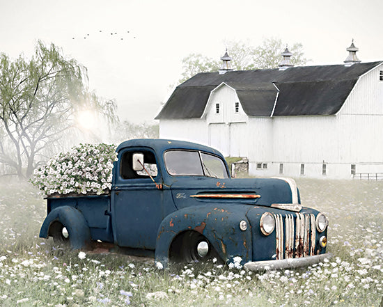 Lori Deiter LD3137 - LD3137 - Beautiful Morning on the Farm II    - 16x12 Photography, Truck, Blue Truck, Flowers, White Flowers, Wildflowers, Barn, White Barn, Farm, Landscape, Morning, Farmhouse/Country from Penny Lane