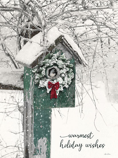 Lori Deiter LD3260 - LD3260 - Warmest Holiday Wishes Birdhouse - 12x16 Christmas, Holidays, Birdhouse, Birds, Warmest Holiday Wishes, Typography, Signs, Textual Art, Winter, Snow, Wreath, Fence, Photography from Penny Lane
