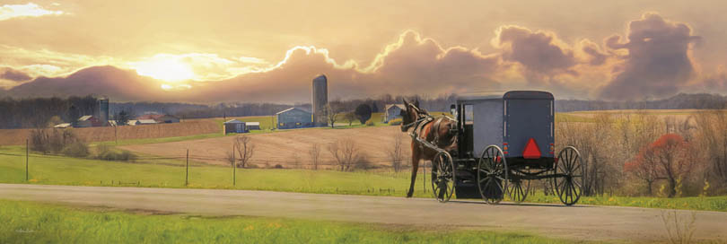 Lori Deiter LD717 - LD717 - Evening Cruise - 36x12 Amish Buggy, Buggy, Amish, Farm, Road, Religious, Sunset, Clouds from Penny Lane