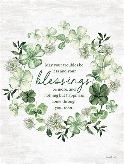 lettered & lined LET1042 - LET1042 - Blessings Wreath - 12x16 St. Patrick's Day, Wreath, Shamrocks, Greenery, Blessings, May Your Troubles be Less and Your Blessings be More, Typography, Signs, Textual Art, Green from Penny Lane