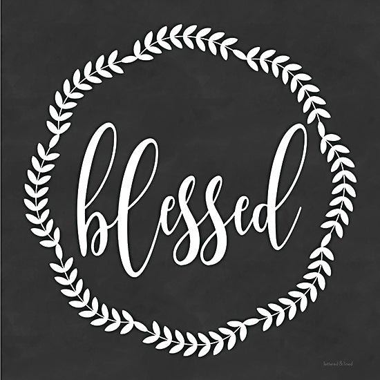 lettered & lined LET220 - LET220 - Blessed - 12x12 Blessed, Wreath, Religious, Black & White, Typography, Signs from Penny Lane