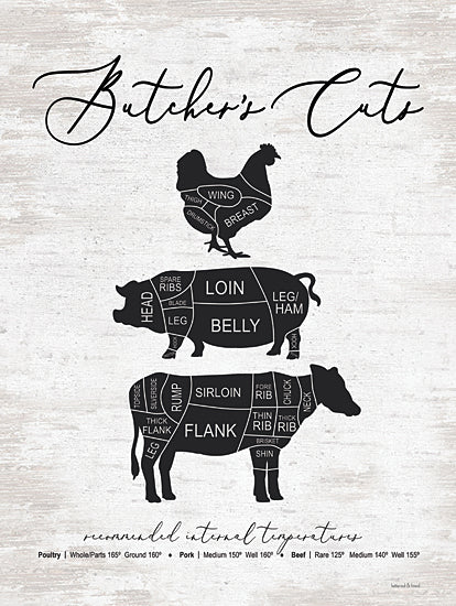 lettered & lined LET696 - LET696 - Butcher's Cuts - 12x16 Kitchen, Cow, Pig, Rooster, Animal Stack, Butcher Cuts, Meat, Chart, Typography, Signs from Penny Lane