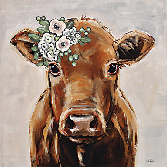 Lee Keller LK189 - LK189 - Hershey Cow with Flowers - 12x12 Cow, Flowers, Whimsical, Brown Cow, Portrait from Penny Lane