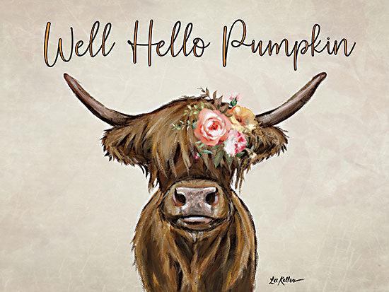 Lee Keller LK204 - LK204 - Well Hello Pumpkin Highland - 16x12 Whimsical, Cow, Highland Cow, Flowers, Well Hello Pumpkin, Typography, Signs, Textual Art, Fall from Penny Lane