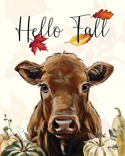 Lee Keller LK205 - LK205 - Hello Fall Brown Cow - 12x16 Whimsical, Cow, Brown Cow, Hello Fall, Typography, Signs, Textual Art, Fall, Pumpkins, Leaves from Penny Lane