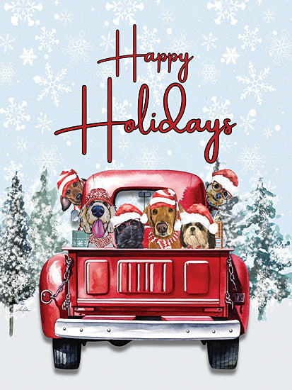 Lee Keller LK270 - LK270 - Happy Holidays Festive Pups - 12x16 Christmas, Dogs, Whimsical, Winter Hats, Festive Hats, Truck, Red Truck, Truck Bed, Winter, Snow, Trees, Happy Holidays, Typography, Signs, Textual Art from Penny Lane