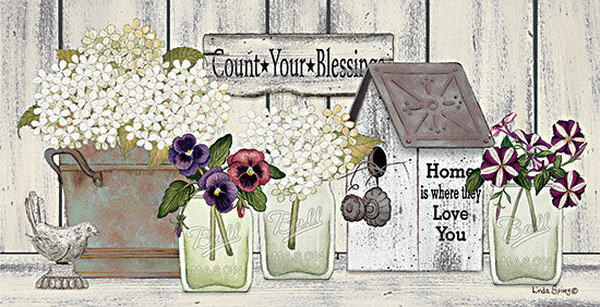 Linda Spivey LS1844 - LS1844 - Farmhouse Flowers - 18x9 Count Your Blessings, Still Life, Flowers, Galvanized Bucket, Bird House, Pansies, Hydrangeas, Country from Penny Lane