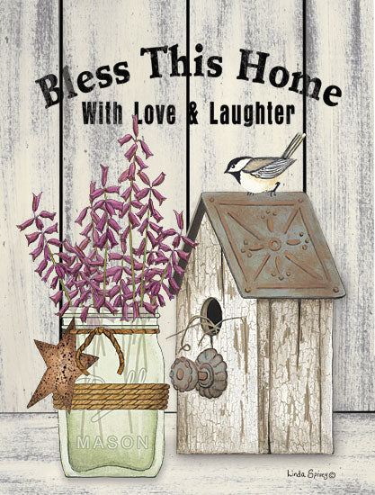 Linda Spivey LS1850 - LS1850 - Bless This Home - 12x16 Bless This Home with Love and Laughter, Birdhouse, Birds, Flowers, Ball Mason Jar, Country, Still Life from Penny Lane