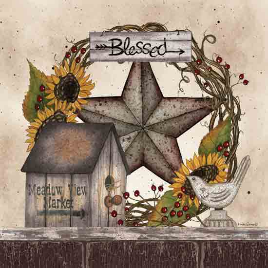 Linda Spivey LS1902 - LS1902 - Blessed Barn Star Wreath - 12x12 Still Life, Fall, Flowers, Sunflowers,  Inspirational, Blessed, Wreath, Typography, Signs, Textual Art, Birdhouse, Barn Star, Berries, Bird Statue, Farmhouse/Country from Penny Lane