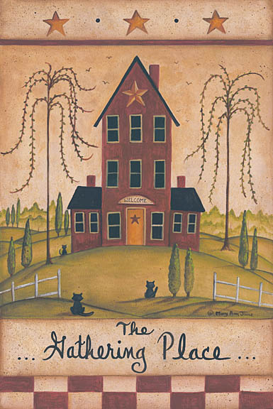Mary Ann June MARY448A - A Time to Gather - Saltbox House, Trees, Gathering Place, Signs from Penny Lane Publishing