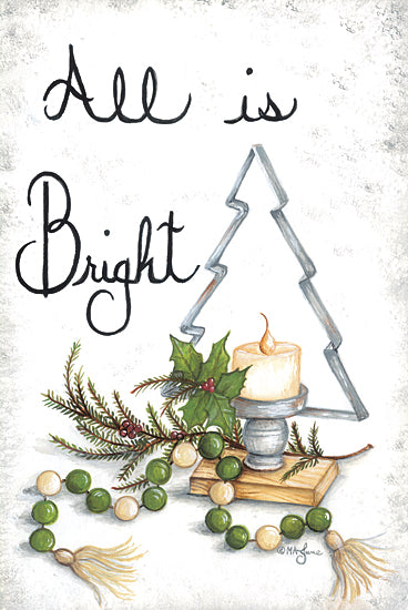 Mary Ann June MARY621 - MARY621 - All is Bright - 12x18 Christmas, Holidays, Still Life, Candle, Beads, All is Bright, Typography, Signs, Textual Art, Bohemian, Winter, Christmas Tree Outline, Green, Cream from Penny Lane